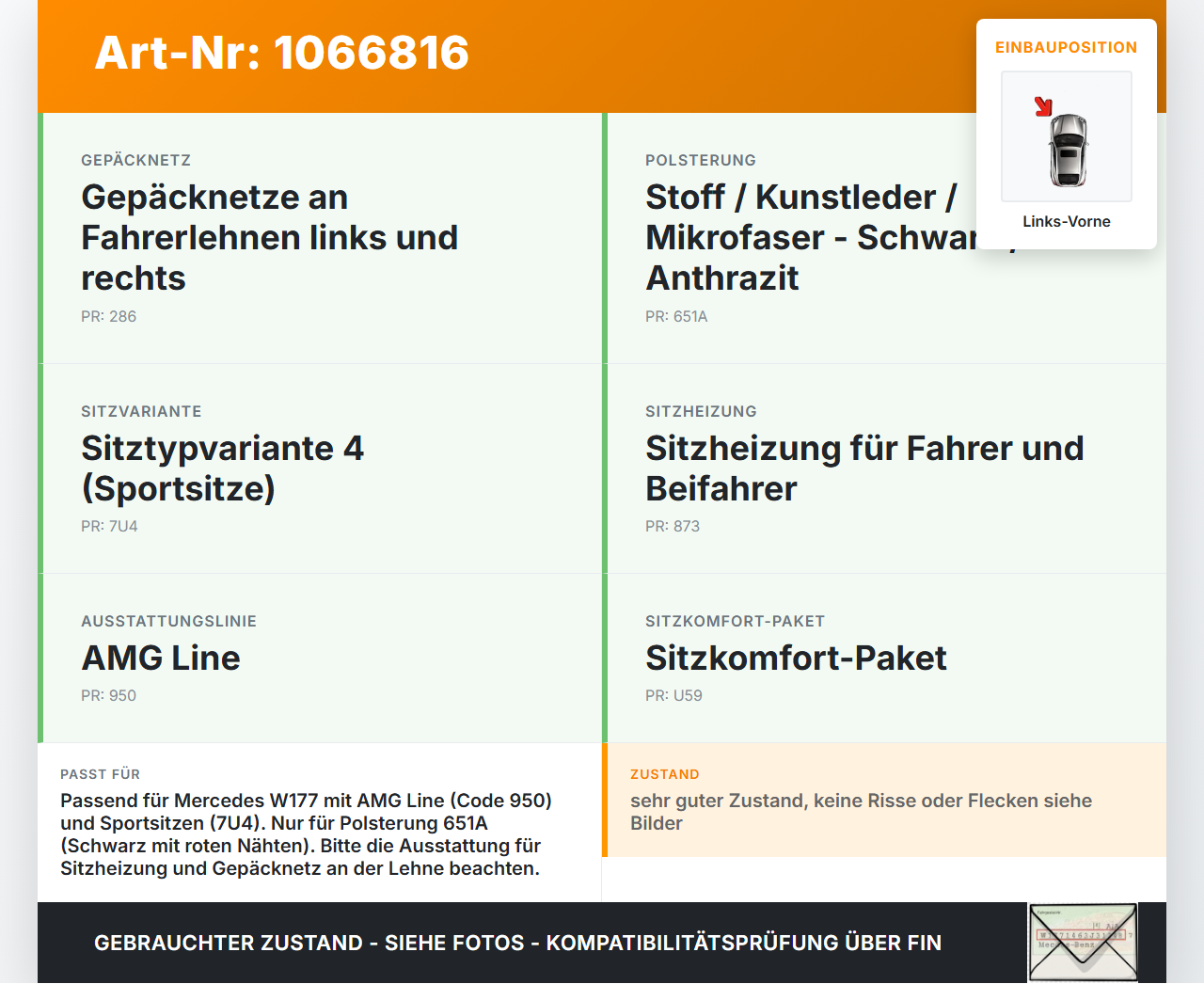 Mercedes W177 A250E 18-22 Lim Sitzbezug Rückenpolster Links Vorne für Fahrer Sitz beheizt Mercedes W177 A250E 18-22... Vorschau 3