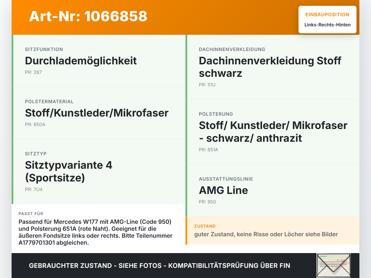 Mercedes W177 A250E 18-22 Kopfstütze Rechts oder Links Hinten rote Naht Mercedes W177 A250E 18-22 26.03.2021... Vorschau 3