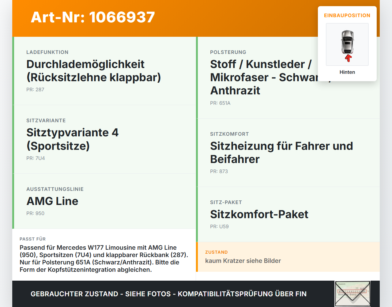 Mercedes W177 A250E 18-22 Lim Sitzbezug Rückenpolster für Rücksitzbank Hinten Mitte Mercedes W177 A250E 18-22... Vorschau 3