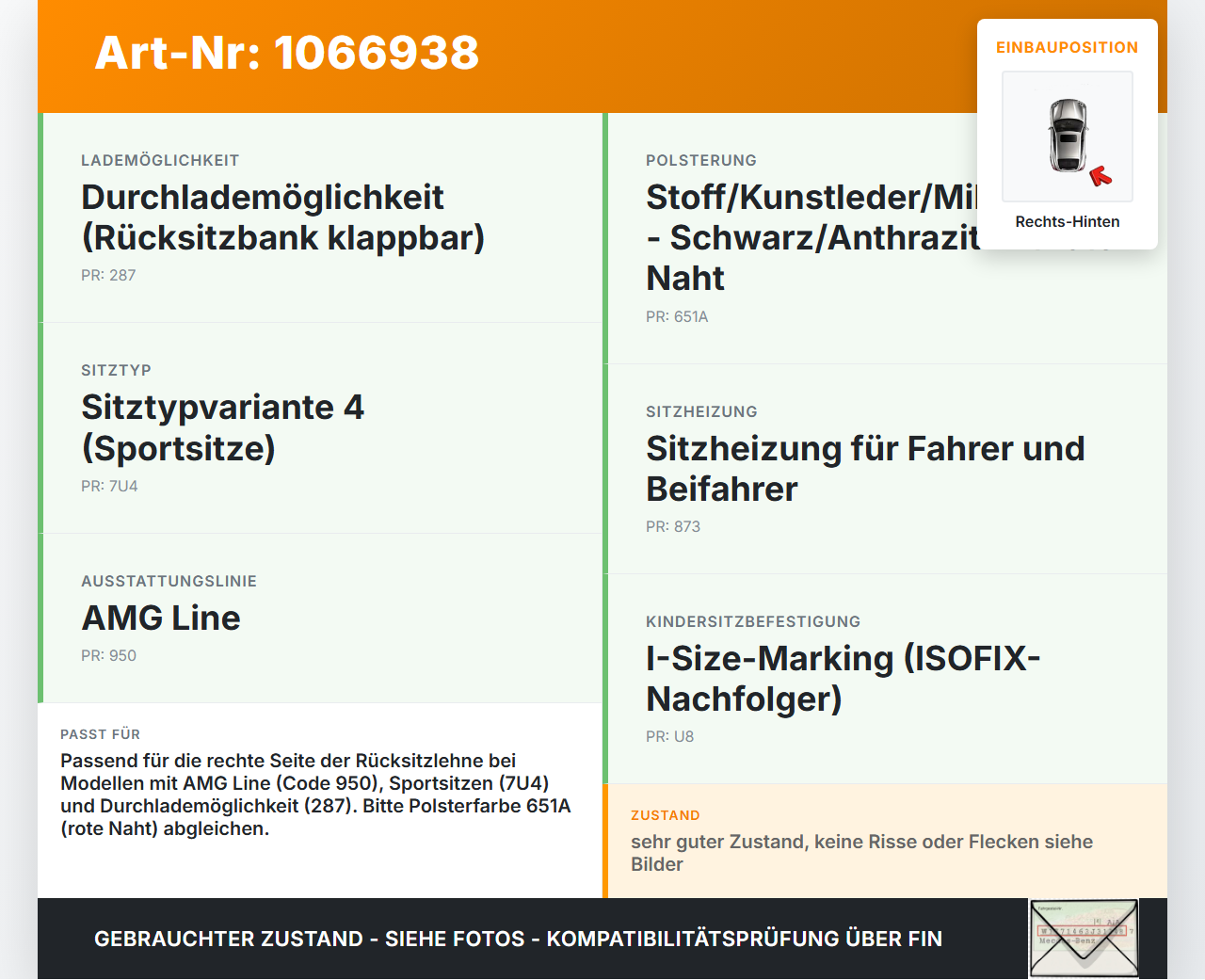 Mercedes W177 A250E 18-22 Lim Sitzbezug Rückenpolster Rechts für Rücksitzbank Hinten rote Naht Mercedes W177 A250E... Vorschau 3