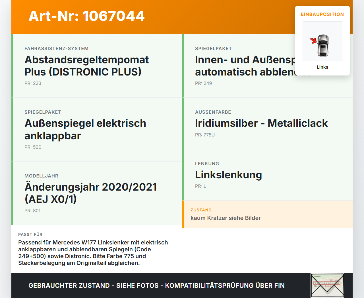 Mercedes W177 A250E 18-22 Spiegel Aussenspiegel Links 775 Mercedes W177 A250E 18-22 26.03.2021 2103100937 00163448... Vorschau 3