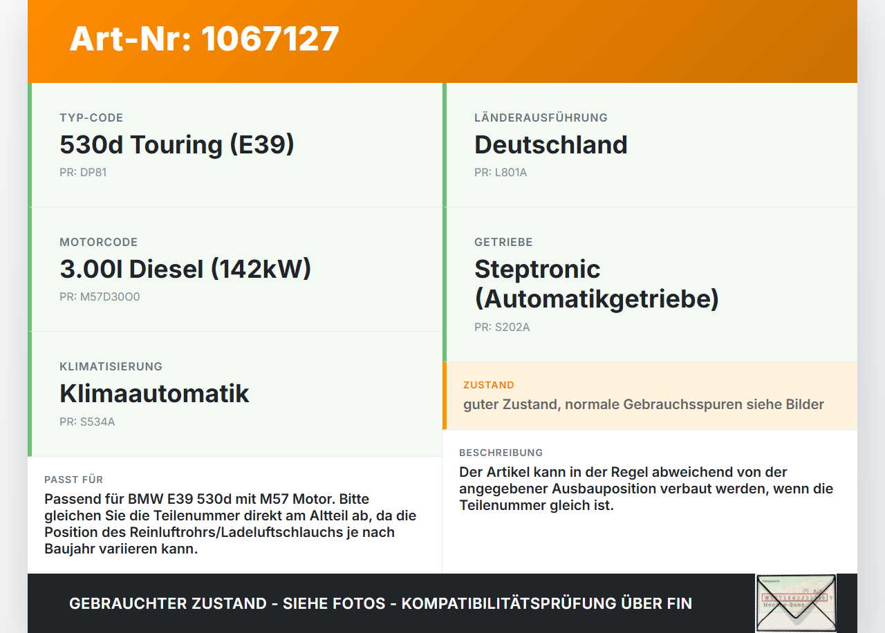 BMW 5er E39 530d 00-04 3,0d 142KW Ansaugrohr Ladeluftschlauch Luftschlauch Pos.2 BMW 5er E39 530d 00-04 09.04.2002... Vorschau 3