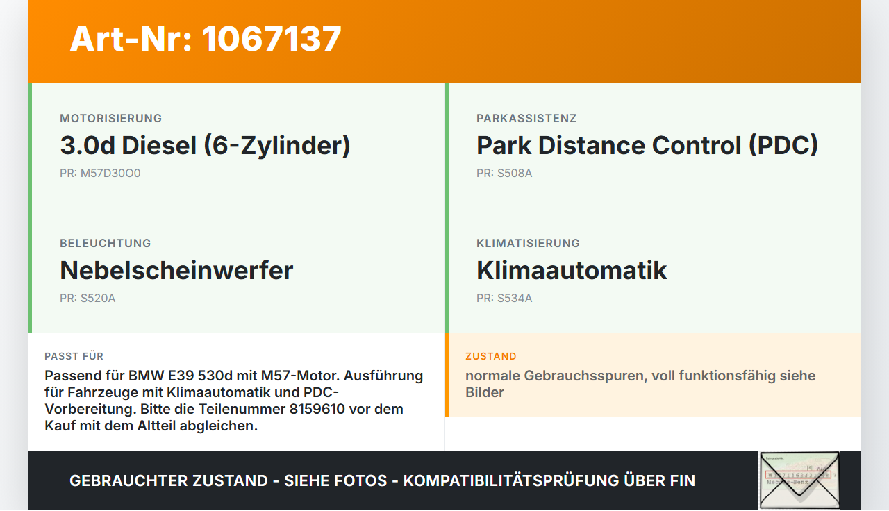 BMW 5er E39 530d 00-04 3,0d 142KW Schlossträger Frontmaske Träger BMW 5er E39 530d 00-04 09.04.2002 8159610... Vorschau 3