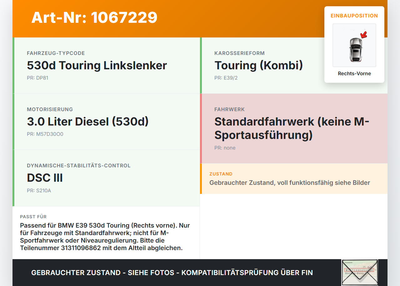 BMW 5er E39 530d 00-04 Kombi Stossdämpfer Federbein Vorne Rechts BMW 5er E39 530d 00-04 09.04.2002 1096862... Vorschau 3