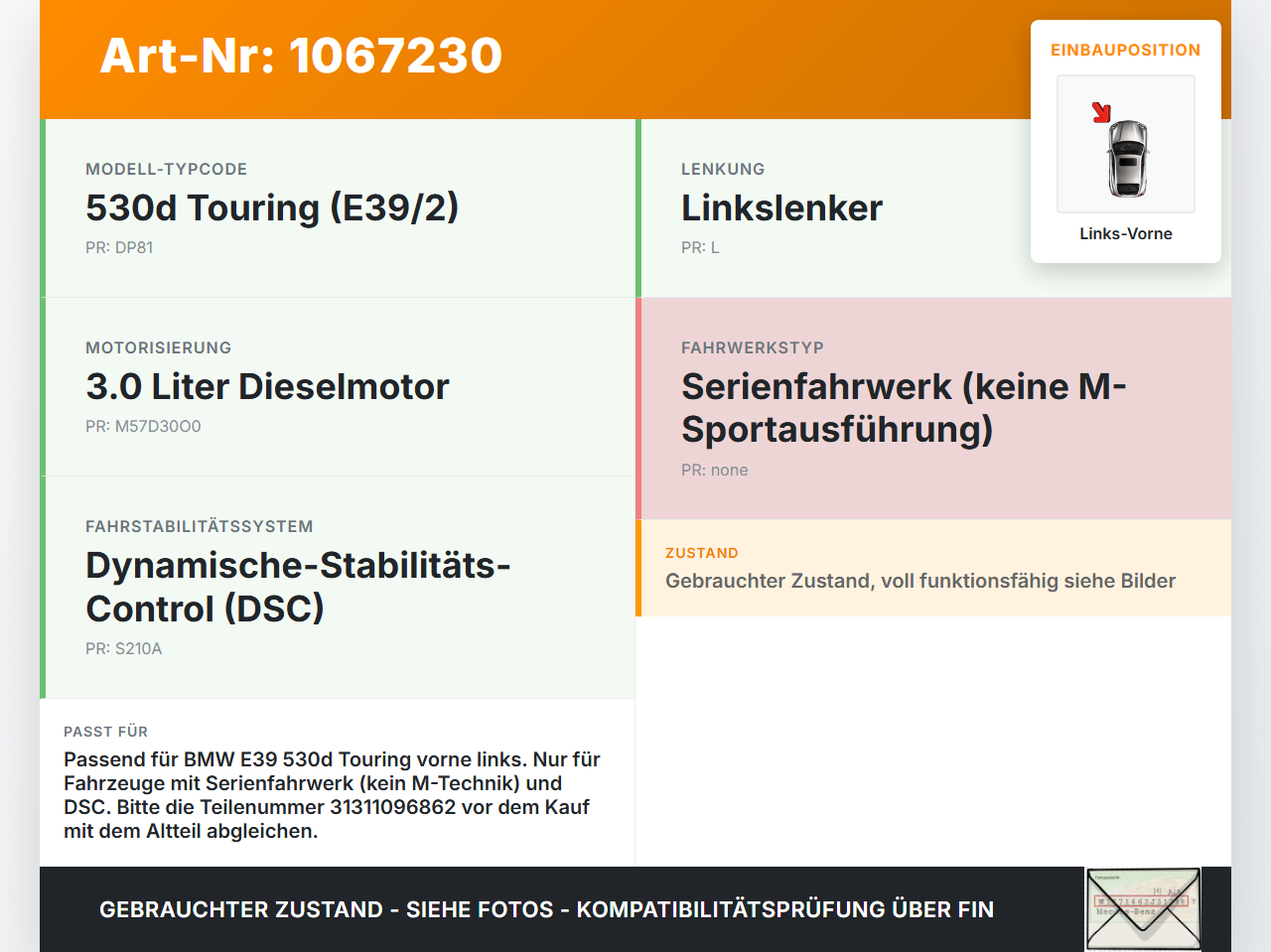 BMW 5er E39 530d 00-04 Kombi Stossdämpfer Federbein Vorne Links BMW 5er E39 530d 00-04 09.04.2002 1096862... Vorschau 3