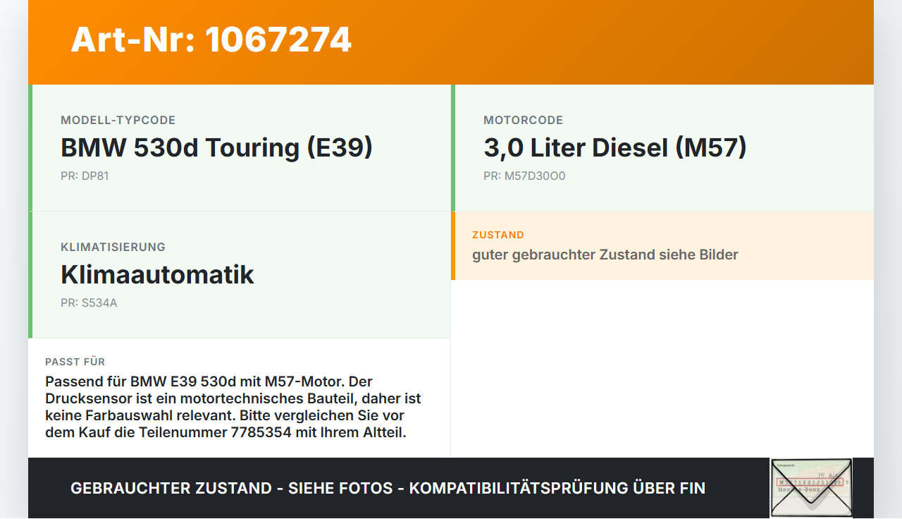 BMW 5er E39 530d 00-04 3,0d Luftdruck MAP Sensor BMW 5er E39 530d 00-04 09.04.2002 7785354 13327785354 25... Vorschau 3