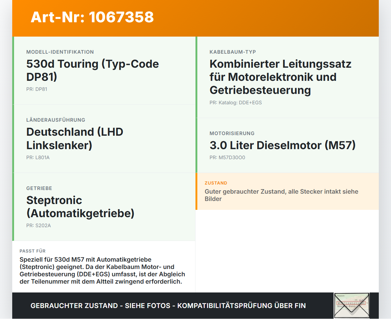 BMW 5er E39 530d 00-04 3,0d 142KW Kabelbaum Motorkabelbaum Leitungssatz für Motor BMW 5er E39 530d 00-04 09.04.2002... Vorschau 3