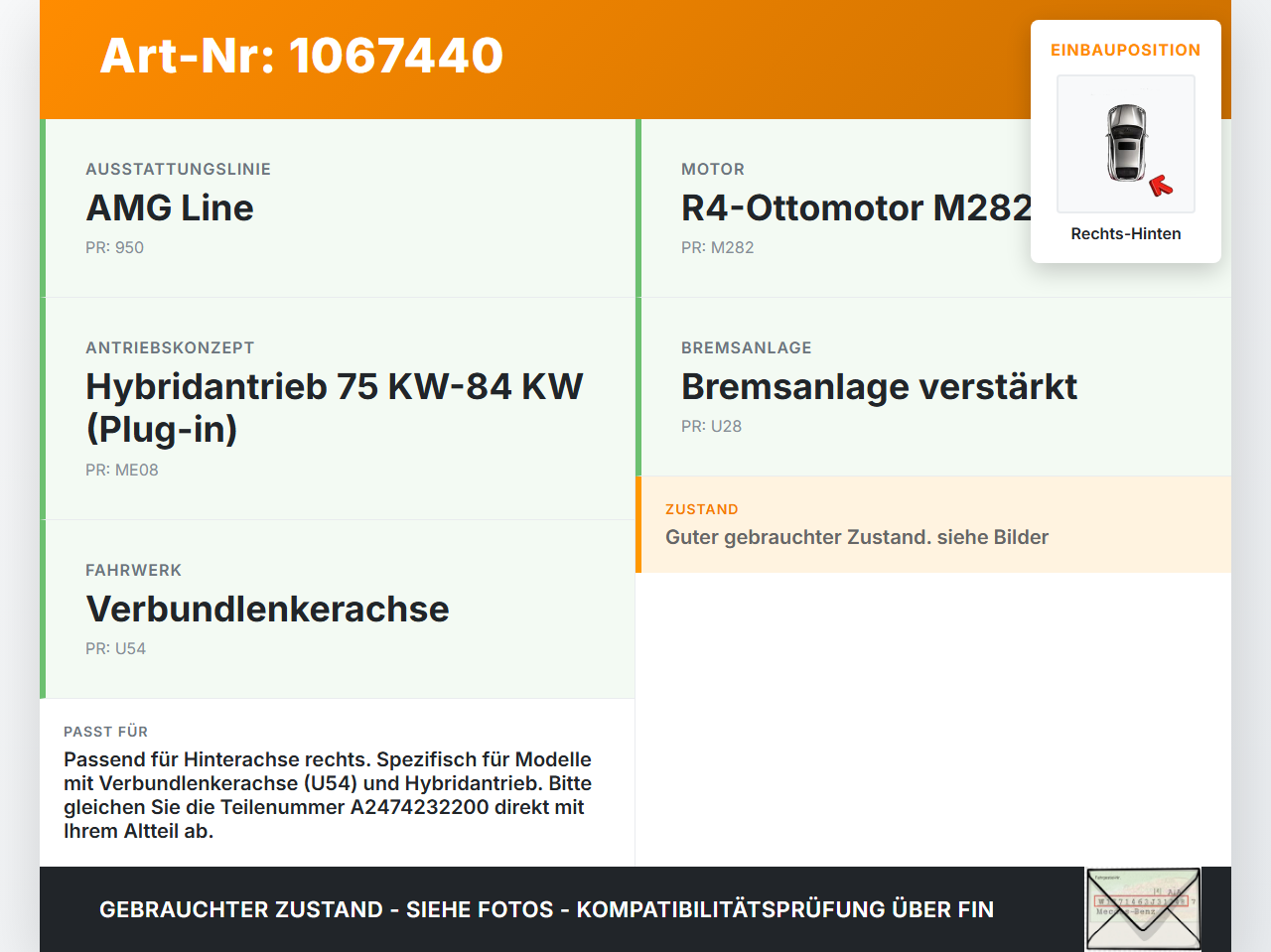Mercedes W177 A250E 18-22 1,3 118KW Bremssattel Bremszange Hinten Rechts Mercedes W177 A250E 18-22 26.03.2021... Vorschau 3