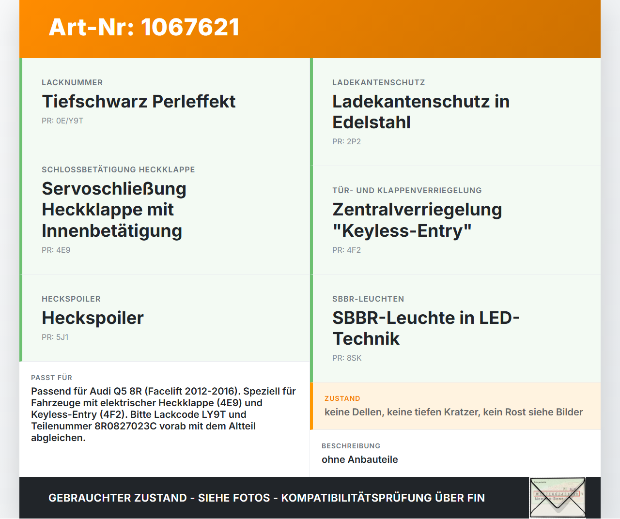 Audi Q5 8R 12-16 Heckklappe Kofferraumdeckel LY9T Audi Q5 8R 12-16 04.10.2016 8R0827023C gebraucht Vorschau 3