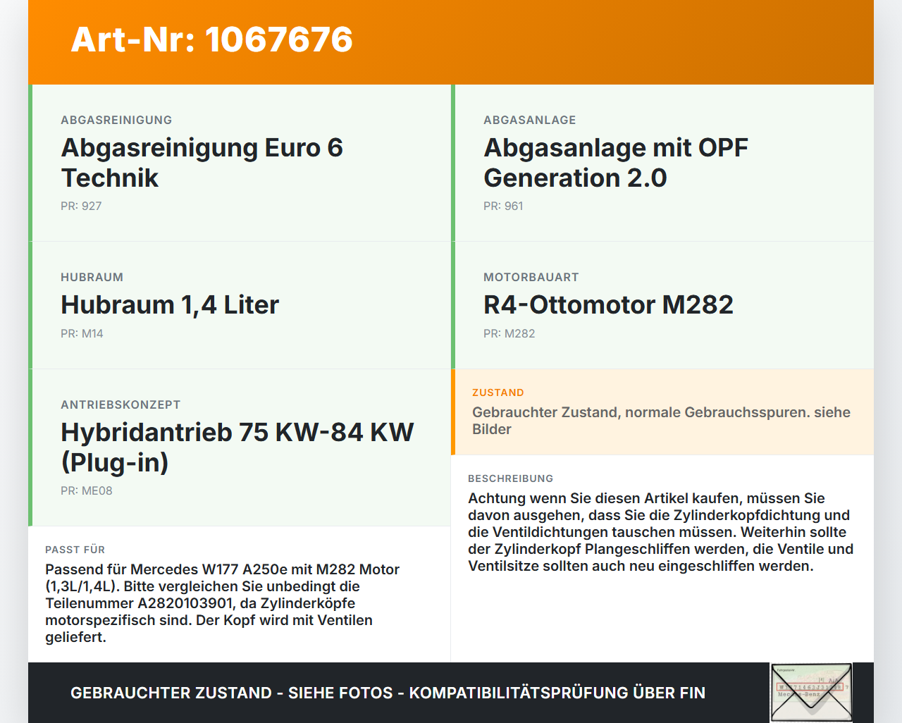 Mercedes W177 A250E 18-22 1,3 118KW 282914 Zylinderkopf Mercedes W177 A250E 18-22 26.03.2021 A2820103901 gebraucht Vorschau 3