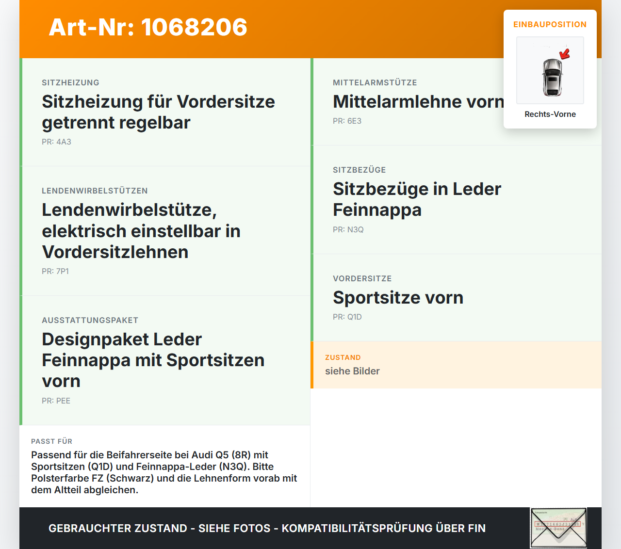 Audi Q5 8R 12-16  Leder Sitzbezug Rückenpolster Rechts Vorne für Beifahrer Sitz Audi Q5 8R 12-16 04.10.2016... Vorschau 3