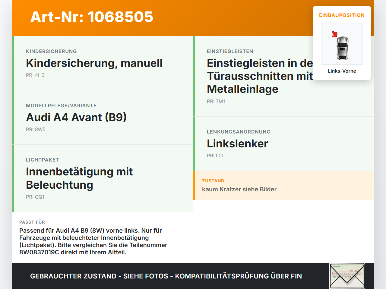Audi A4 8W B9 19-24 Kombi Türgriff Griff Griffmuschel Innen Links Vorne Audi A4 8W B9 19-24 18.12.2015 8W0837019C... Vorschau 3