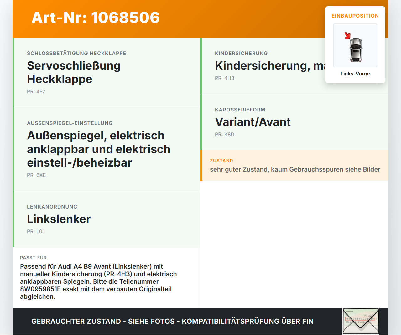 Audi A4 8W B9 19-24 Kombi Fensterheberschalter Schalter Links Vorne Audi A4 8W B9 19-24 18.12.2015 8W0959851E gebraucht Vorschau 3