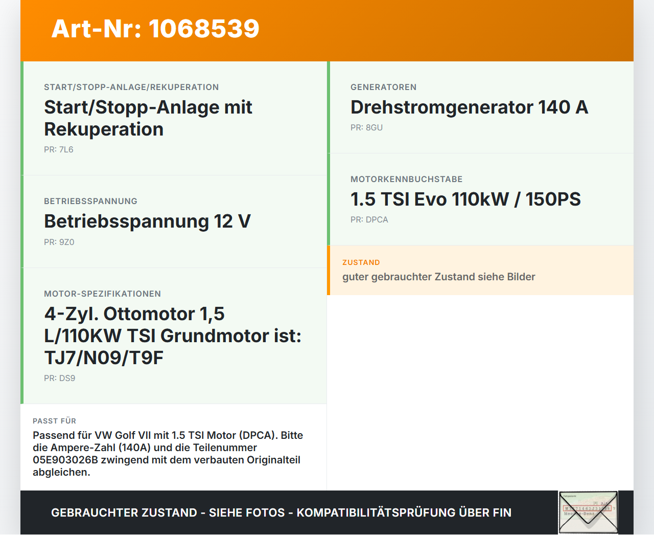 VW Golf VII 7 5G 17-20 TSI 1,5 110KW Lichtmaschine Generator 140A VW Golf VII 7 5G 17-20 22.11.2019 05E903026B... Vorschau 3