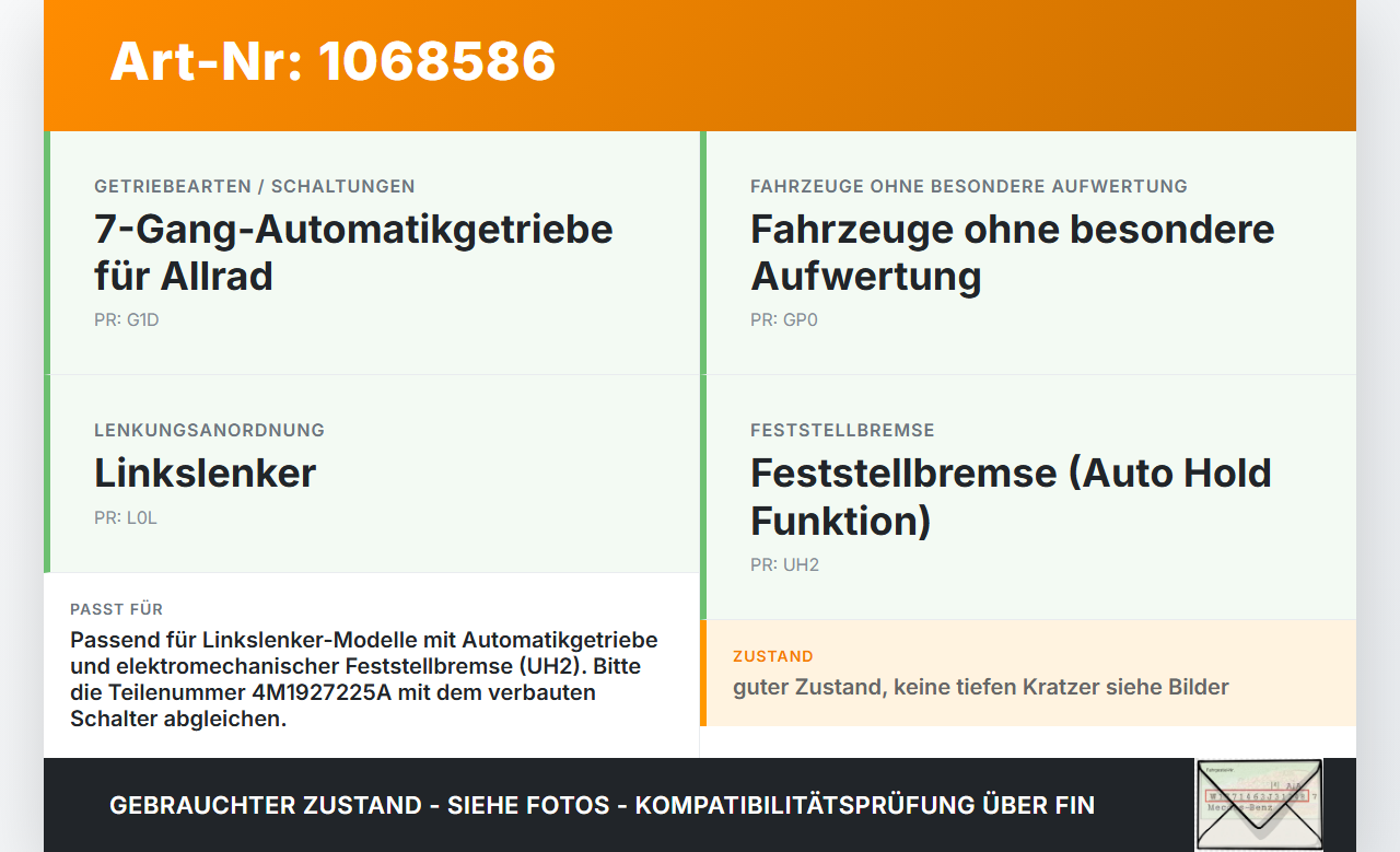 Audi A4 8W B9 19-24 Taster Schalter Parkbremse Feststellbremse Audi A4 8W B9 19-24 18.12.2015 4M1927225A gebraucht Vorschau 3