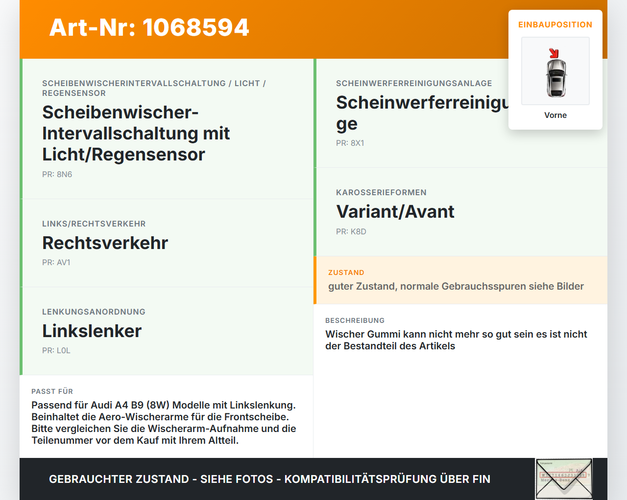 Audi A4 8W B9 19-24 2x Scheibenwischer Wischarm Vorne Audi A4 8W B9 19-24 18.12.2015 8W1955407 gebraucht Vorschau 3