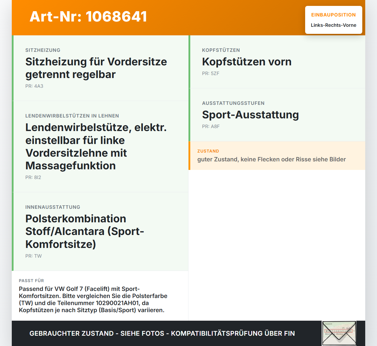 VW Golf VII 7 5G 17-20 Kopfstütze für Fahrer Sitz Rechts oder Links Vorne VW Golf VII 7 5G 17-20 22.11.2019... Vorschau 3