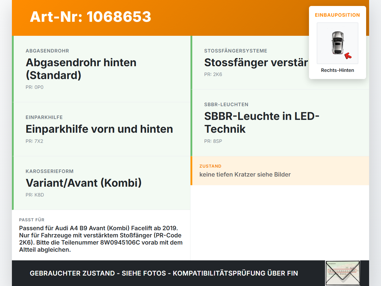Audi A4 8W B9 19-24 Kombi Reflektor für Stoßstange Hinten Rechts Audi A4 8W B9 19-24 18.12.2015 8W0945106C gebraucht Vorschau 3