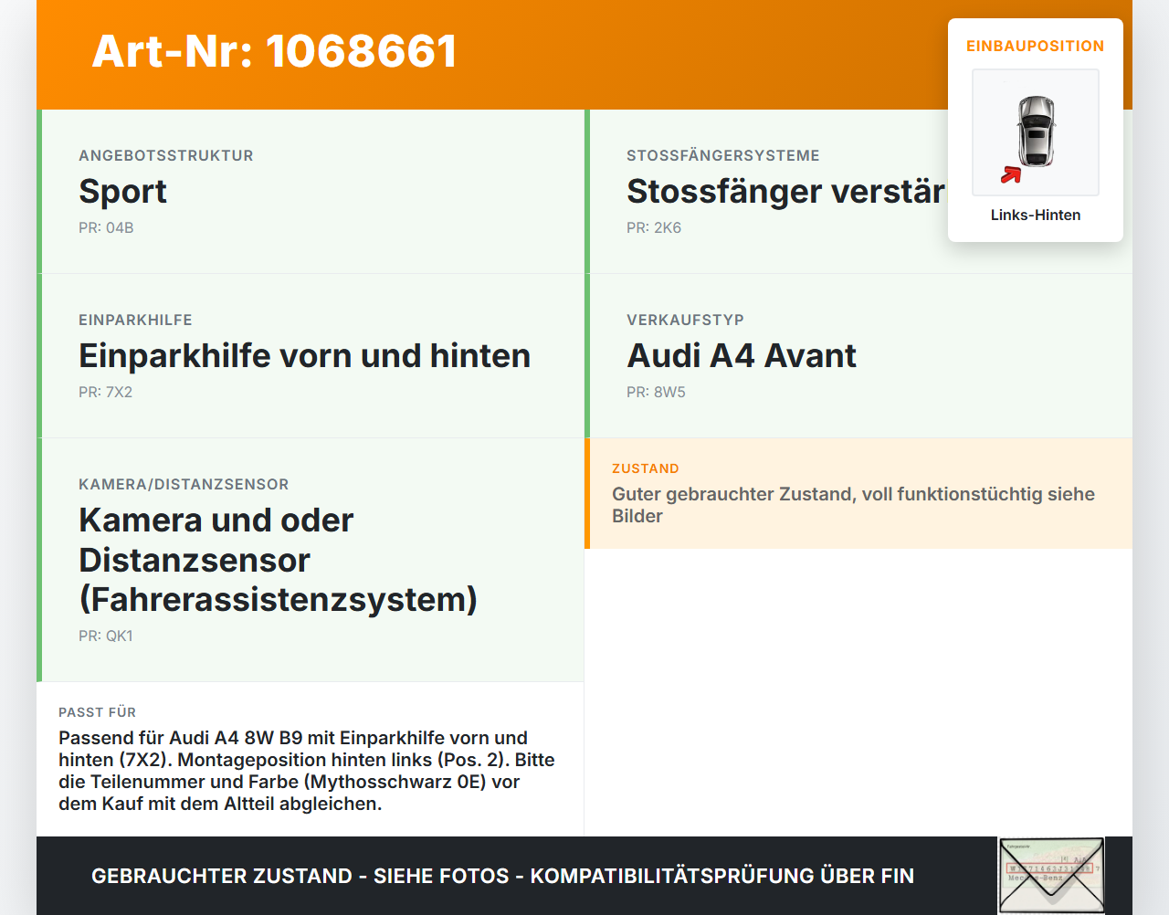 Audi A4 8W B9 19-24 Abstands Sensor Parksensor PDC Einparkhilfe Hinten Links Pos.2 Audi A4 8W B9 19-24 18.12.2015... Vorschau 3
