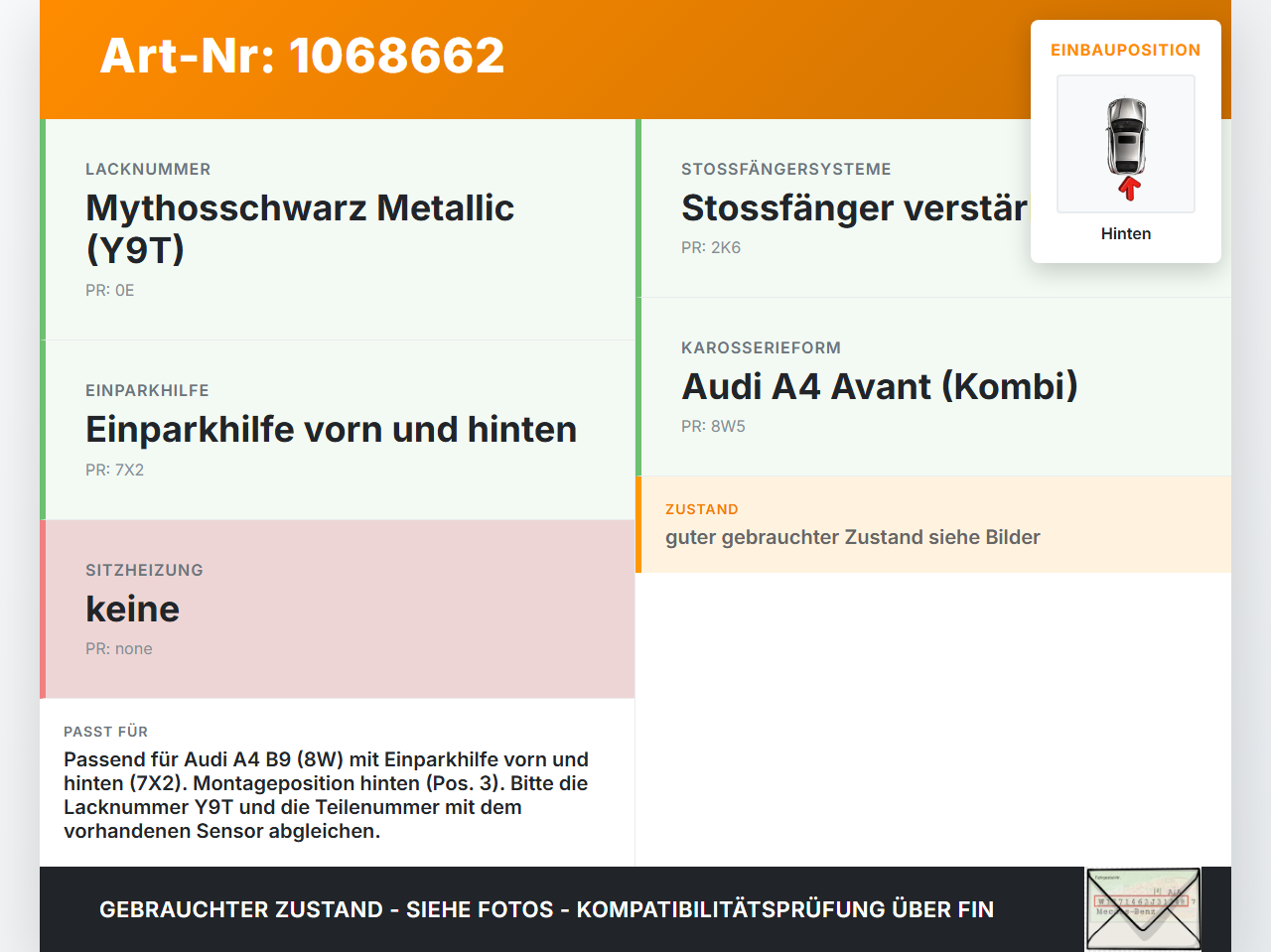 Audi A4 8W B9 19-24 Abstands Sensor Parksensor PDC Einparkhilfe Hinten Pos.3 Audi A4 8W B9 19-24 18.12.2015... Vorschau 3