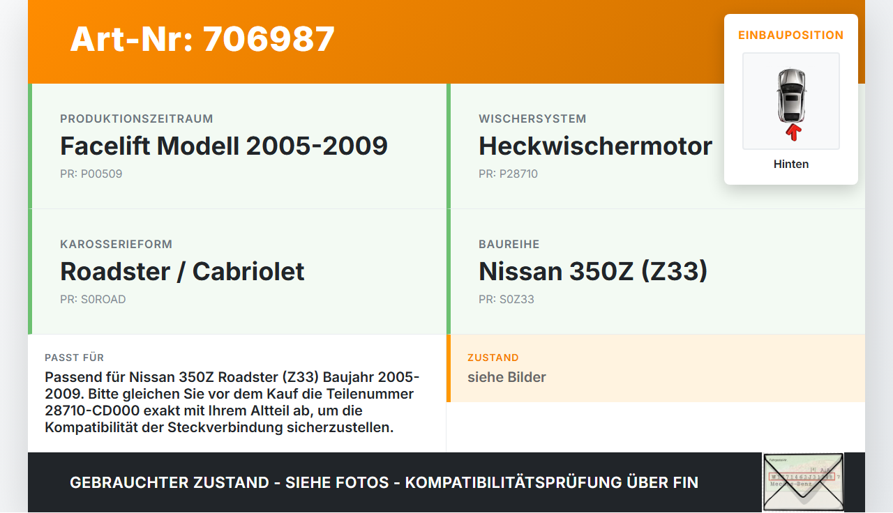 Nissan 350Z Z33 05-09 Roadster Wischermotor Hinten Heckwischermotor Nissan 350Z Z33 05-09 02.11.2006 28710-CD000... Vorschau 3