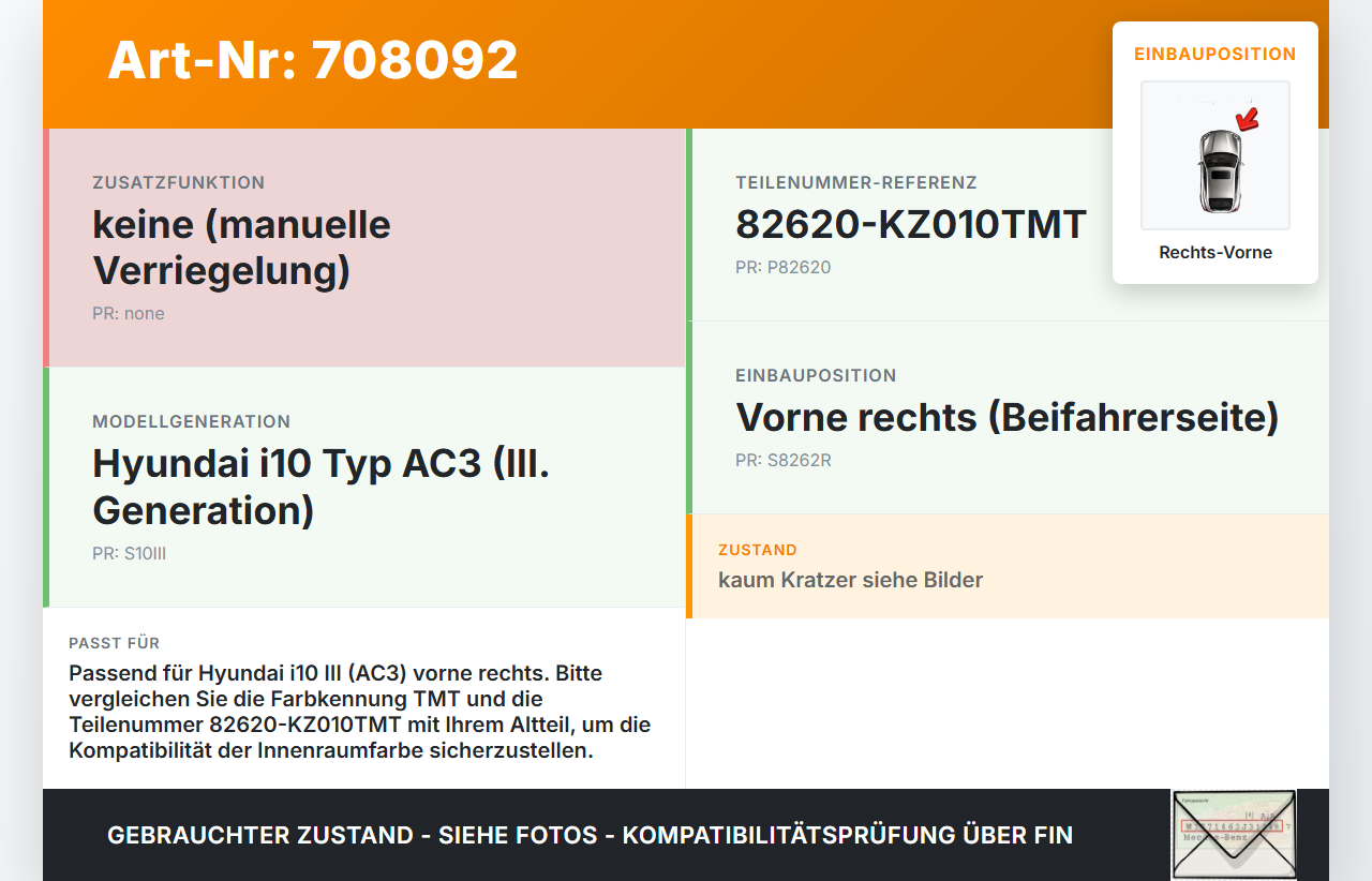 Hyundai I10 III Türgriff Griffmuschel Griff Innen Rechts Vorne Hyundai I10 III 12.11.2020 82620-KZ010TMT gebraucht Vorschau 3