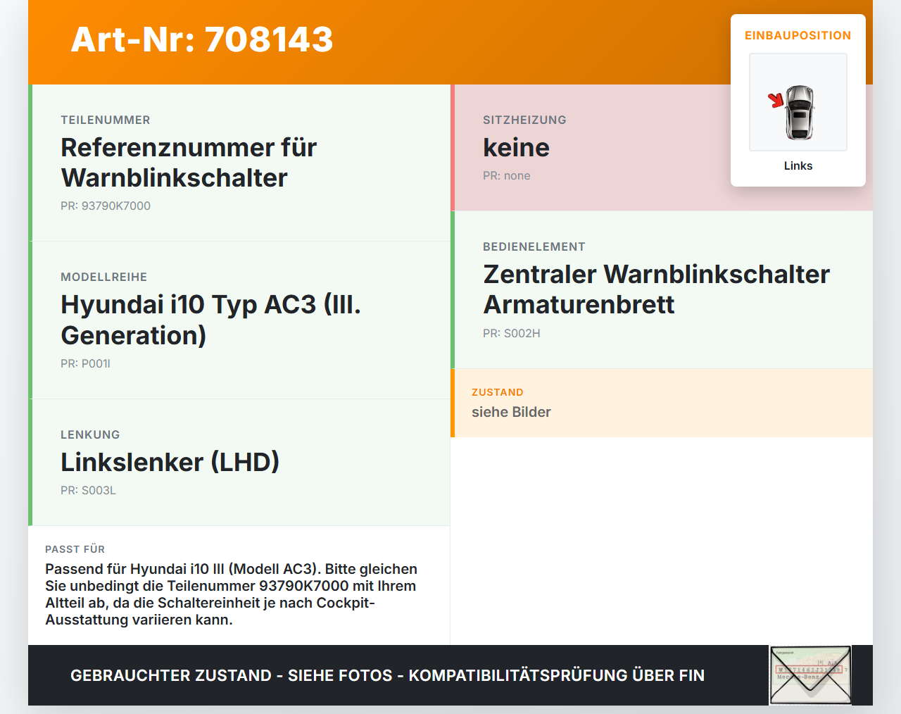 Hyundai I10 III Warnblinkschalter Schalter Hyundai I10 III 12.11.2020 93790K7000 gebraucht Vorschau 3