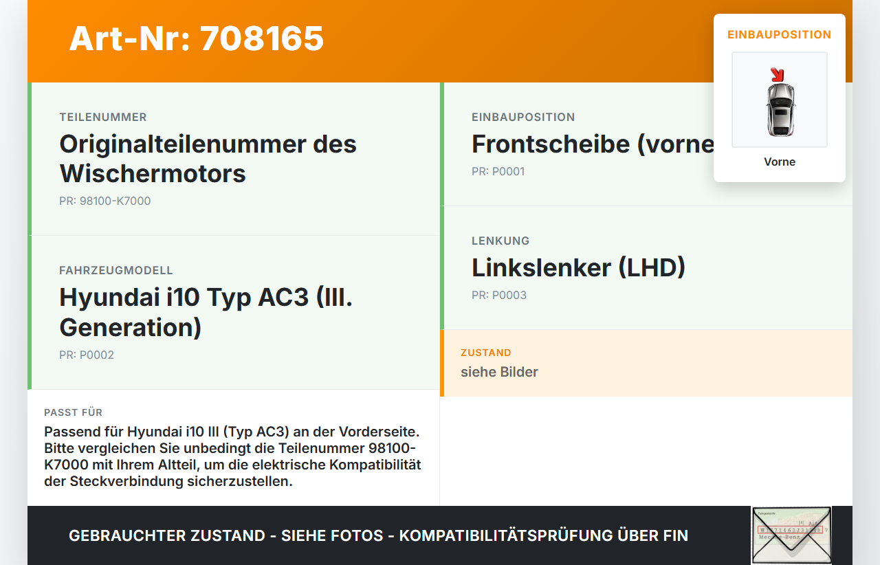 Hyundai I10 III Wischermotor Vorne Hyundai I10 III 12.11.2020 98100-K7000 gebraucht Vorschau 3