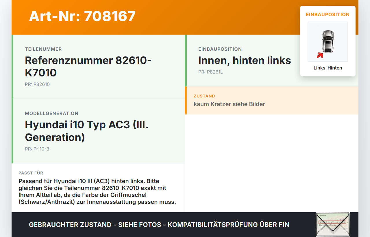 Hyundai I10 III Türgriff Griffmuschel Griff Innen Links Hinten Hyundai I10 III 12.11.2020 82610-K7010... Vorschau 3