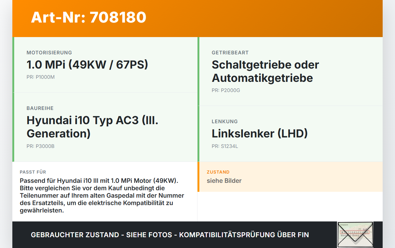 Hyundai I10 III MPi 1,0 49KW Gaswertgeber Gaspedal Hyundai I10 III 12.11.2020 gebraucht Vorschau 3