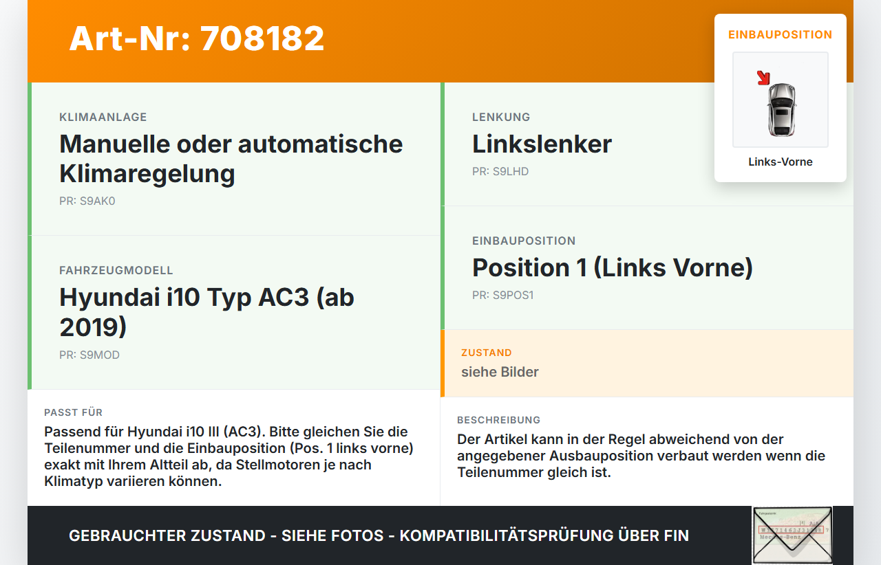 Hyundai I10 III Luftklappenstellmotor Stellmotor Pos.1 Links Vorne Hyundai I10 III 12.11.2020 gebraucht Vorschau 3