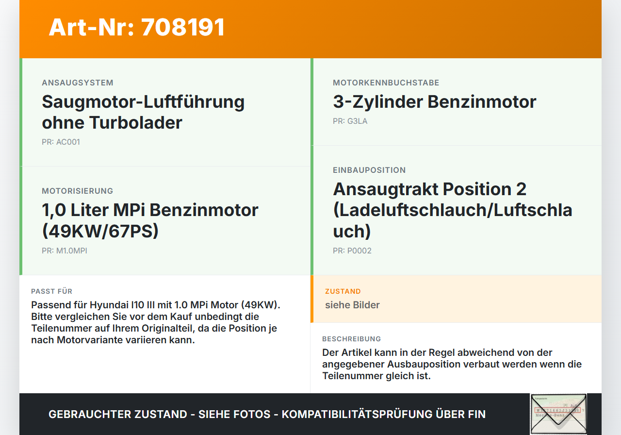 Hyundai I10 III MPi 1,0 49KW Ansaugrohr Ladeluftschlauch Luftschlauch Pos.2 Hyundai I10 III 12.11.2020 28130-K7100... Vorschau 3