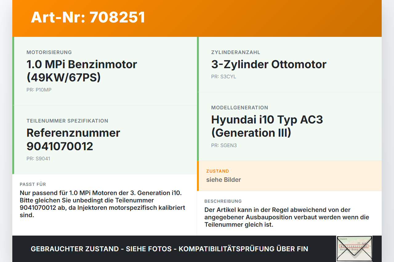Hyundai I10 III MPi 1,0 49KW Injektor Einspritzdüse Zyl.4 Hyundai I10 III 12.11.2020 35310-08000 gebraucht Vorschau 3