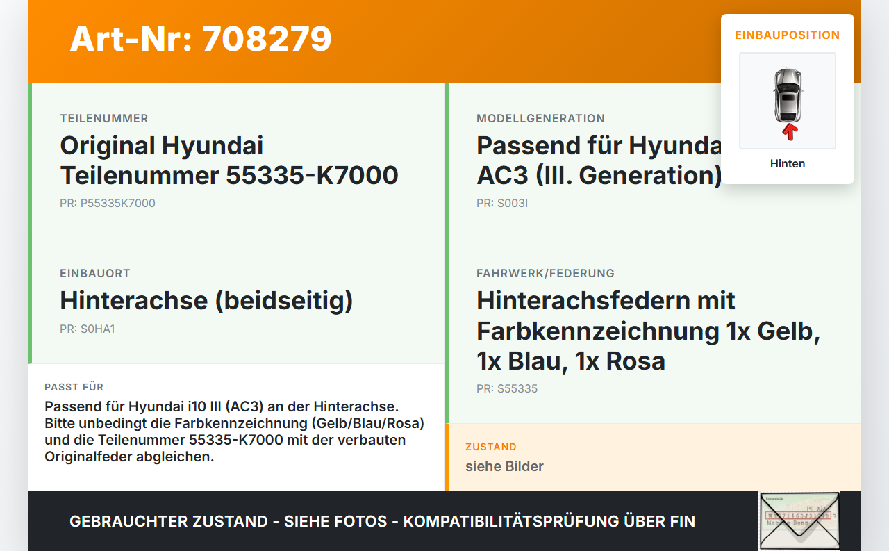 Hyundai I10 III Beide Feder Federn Hinten 1x Gelb 1x Blau 1x Rosa Hyundai I10 III 12.11.2020 55335-K7000 gebraucht Vorschau 3