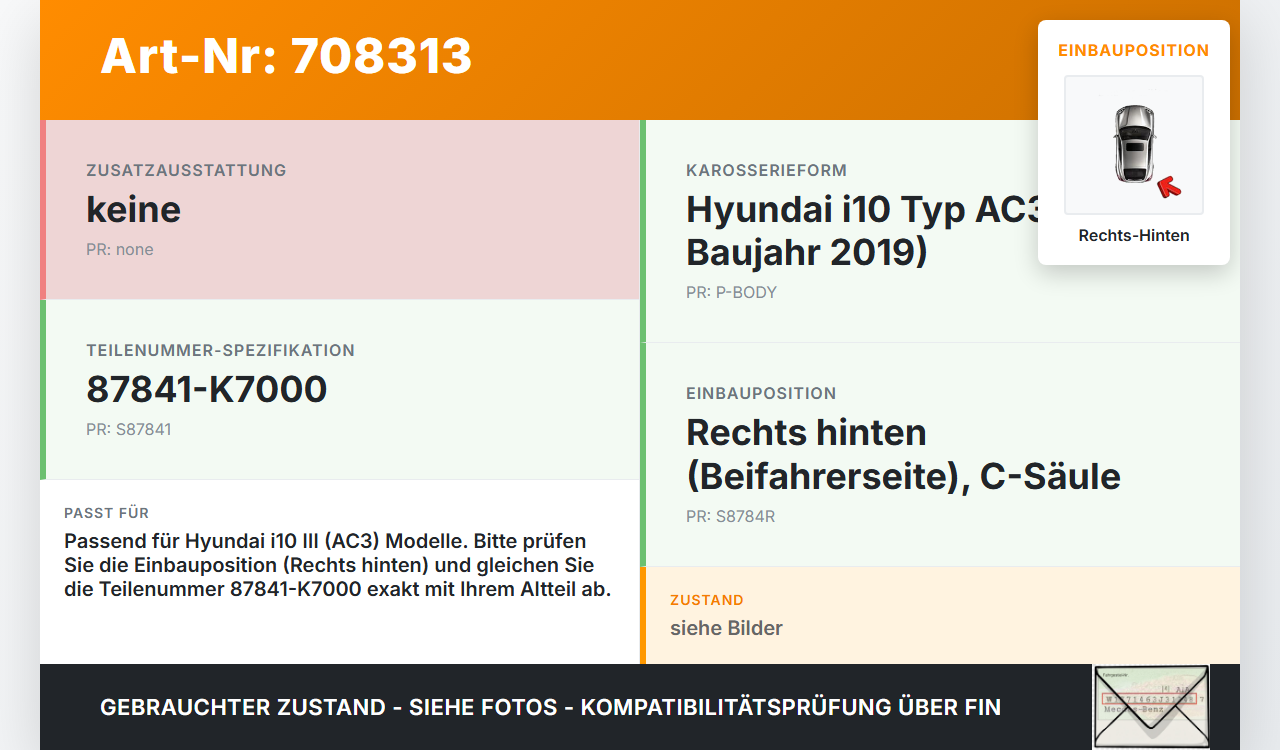 Hyundai I10 III Blende Aussen Abdeckung Rechts Hinten für C-Säule Hyundai I10 III 12.11.2020 87841-K7000 gebraucht Vorschau 3