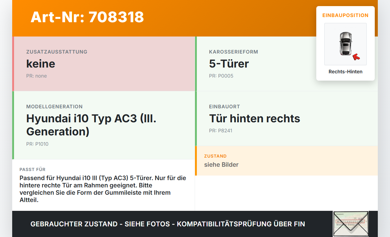 Hyundai I10 III Dichtung für Rahmen Tür Rechts Hinten Hyundai I10 III 12.11.2020 gebraucht Vorschau 3