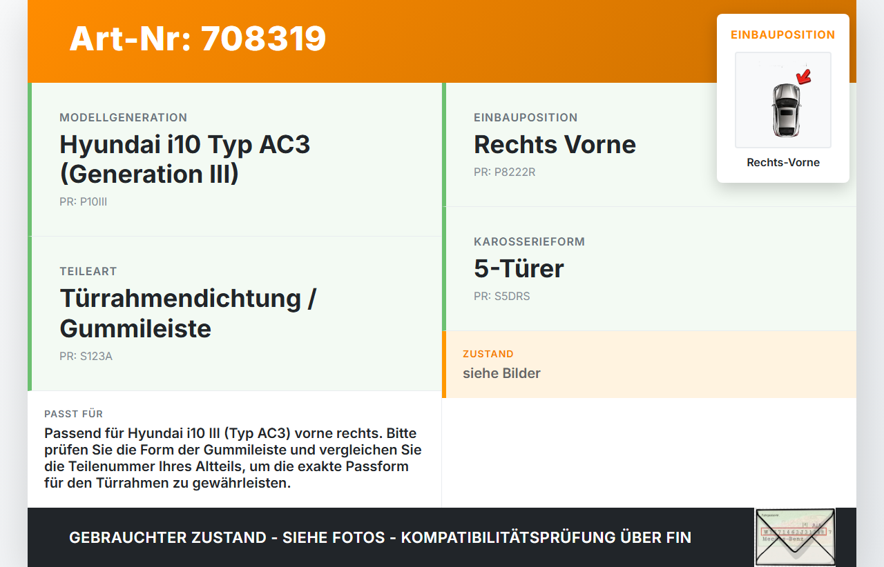 Hyundai I10 III Dichtung für Rahmen Tür Rechts Vorne Hyundai I10 III 12.11.2020 gebraucht Vorschau 3