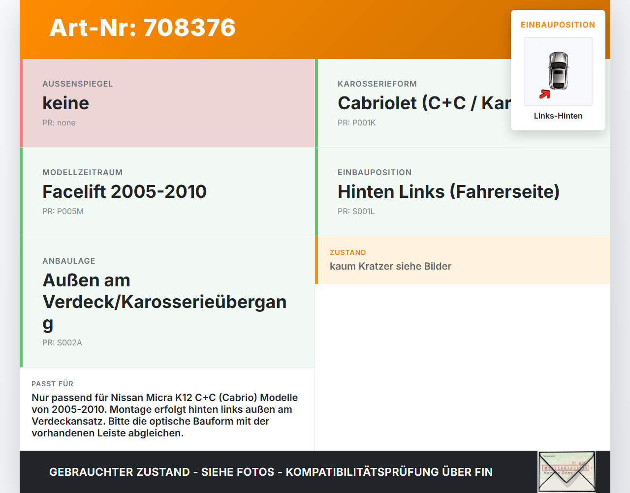 Nissan Micra K12 05-10 Cabriolet Zierleiste für Verdeck Links Hinten Aussen Orig. Karmann Z11 Nissan Micra K12... Vorschau 3