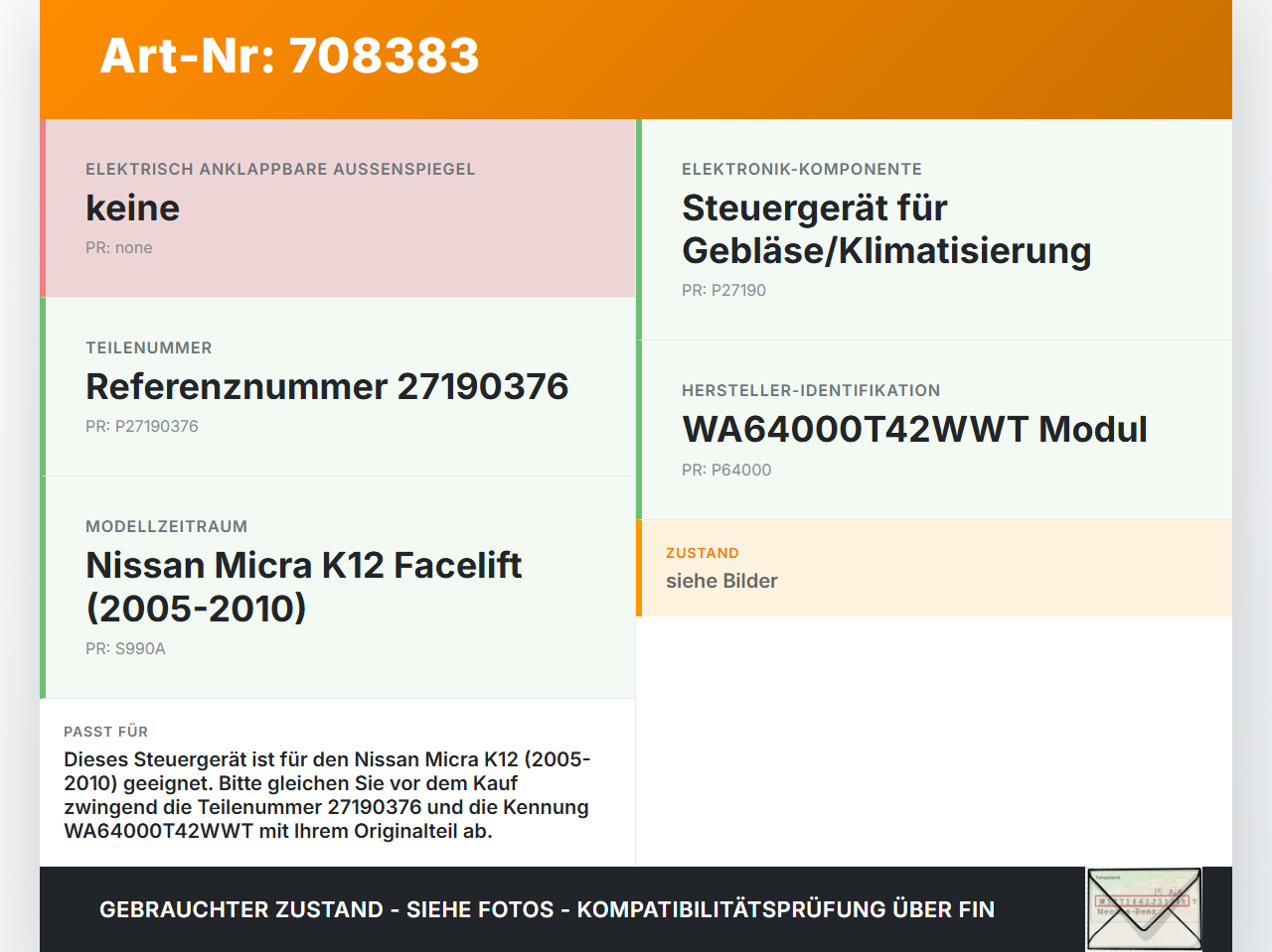 Nissan Micra K12 05-10 Steuergerät ECU Modul SG Nissan Micra K12 05-10 07.11.2007 WA64000T42WWT 27190376 gebraucht Vorschau 3