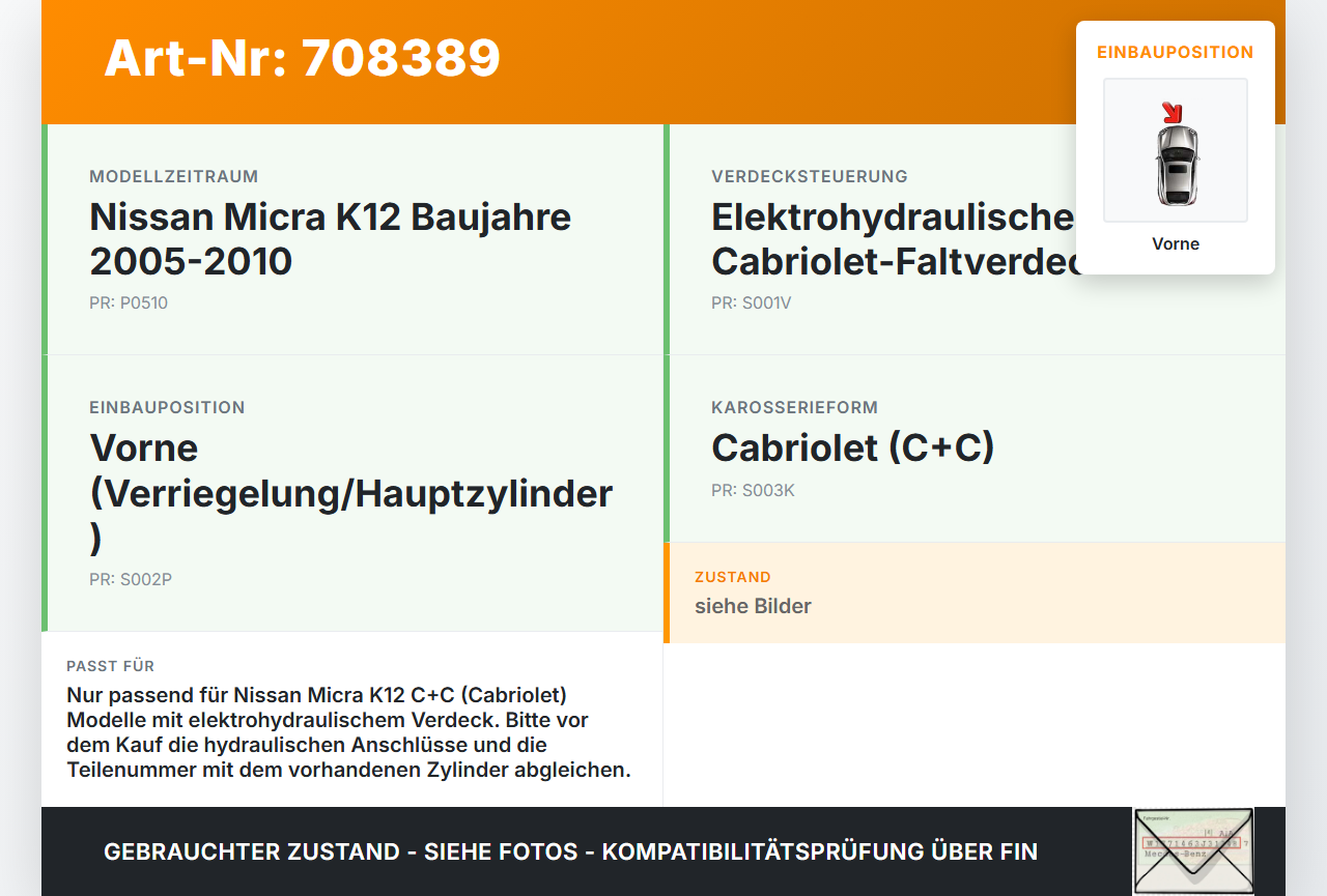 Nissan Micra K12 05-10 Cabriolet Zylinder Hydraulikzylinder Hydraulik für Verdeck Vorne Nissan Micra K12 05-10... Vorschau 3