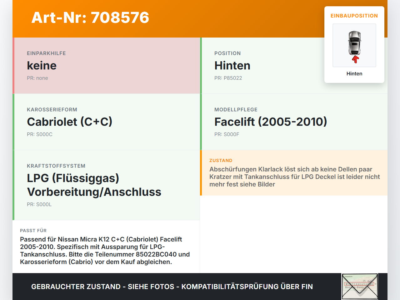 Nissan Micra K12 05-10 Cabriolet Stoßstange Stoßfänger Hinten Z11 Nissan Micra K12 05-10 07.11.2007 85022BC040 gebraucht Vorschau 3