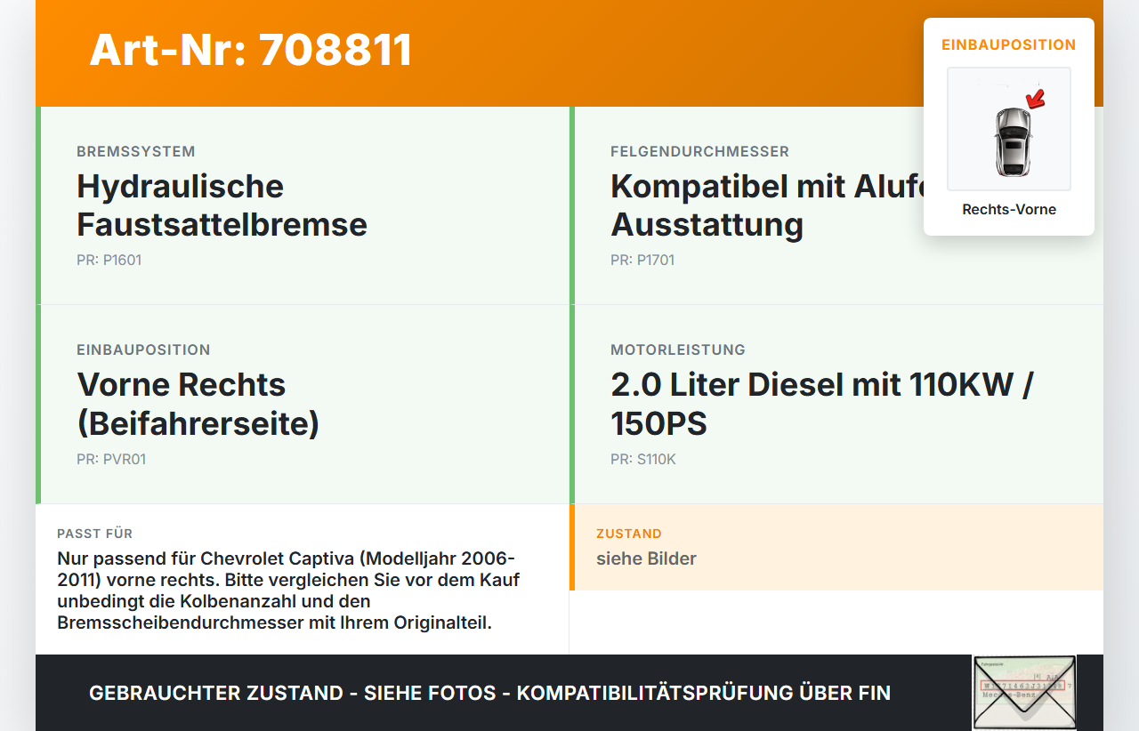 Chevrolet Captiva 06-11 2,0 110KW Bremssattel Bremszange Vorne Rechts Chevrolet Captiva 06-11 01.02.2009 gebraucht Vorschau 3