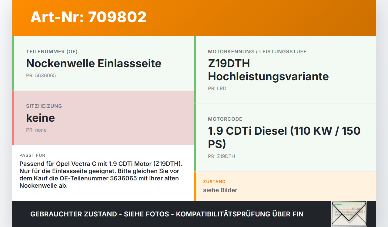 Opel Vectra C 05-08 CDTi 1,9 110KW Z19DTH LRD Nockenwelle Einlass Opel Vectra C 05-08 25.07.2007 93178583 gebraucht Vorschau 3