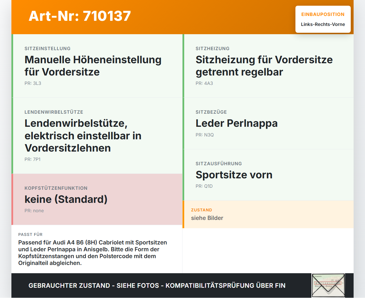 Audi A4 B6 8H Cabriolet 02-05 Leder Kopfstütze für Fahrer Sitz Rechts oder Links Vorne Anisgelb Audi A4 B6 8H... Vorschau 3