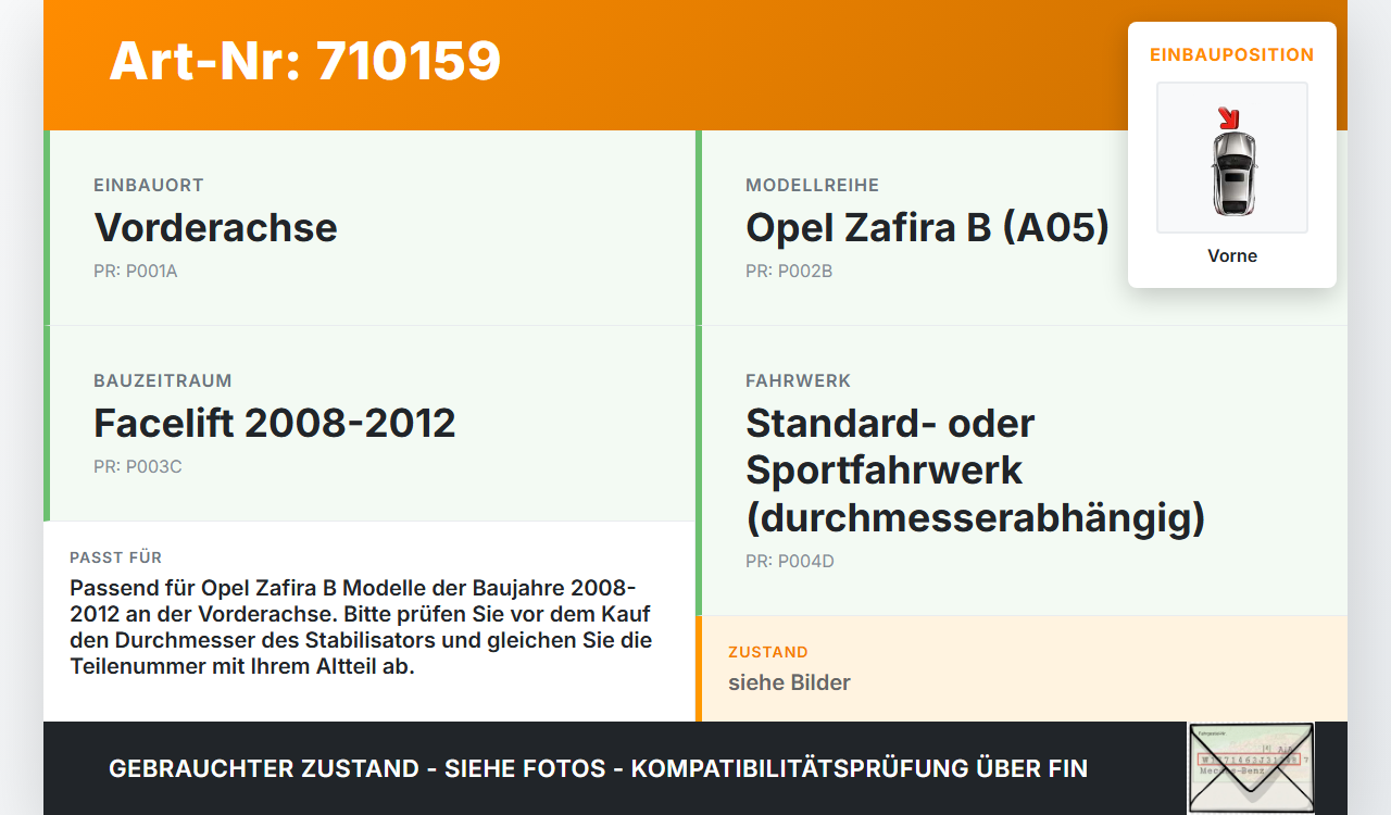 Opel Zafira B 08-12 Stabilisator Stabi Vorne Opel Zafira B 08-12 07.06.2010 gebraucht Vorschau 3