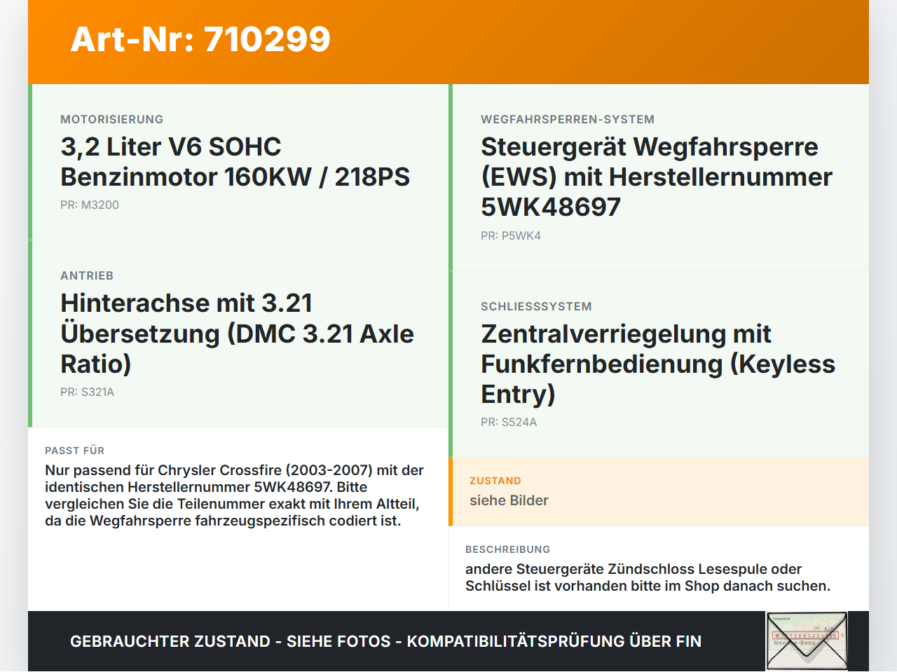 Chrysler Crossfire 03-07 3,2 160KW Wegfahrsperre ECU Steuergerät Chrysler Crossfire 03-07 01.02.2007 1708201726... Vorschau 3