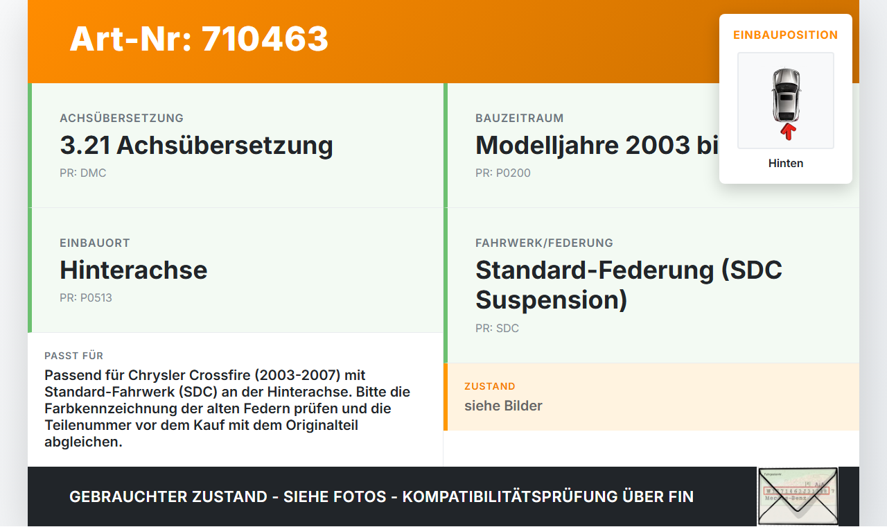 Chrysler Crossfire 03-07 Beide Feder Federn Hinten Chrysler Crossfire 03-07 01.02.2007 gebraucht Vorschau 3