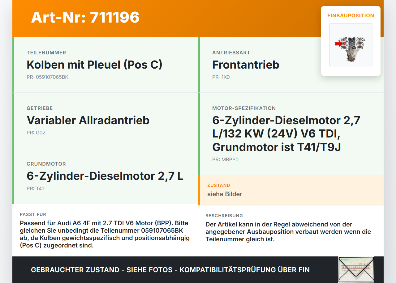 Audi A6 4F 6C 05-08 TDI 2,7 132KW BPP Kolben mit Pleuel Pos C Audi A6 4F 6C 05-08 10.09.2008 059107065BK gebraucht Vorschau 3
