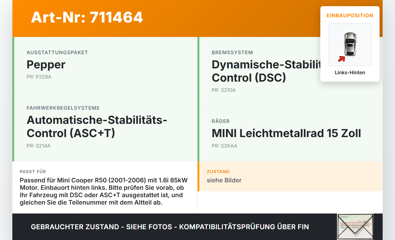 Mini Cooper R50 01-06 1,6i 85KW Bremssattel Bremszange Hinten Links Mini Cooper R50 01-06 20.04.2004 gebraucht Vorschau 3