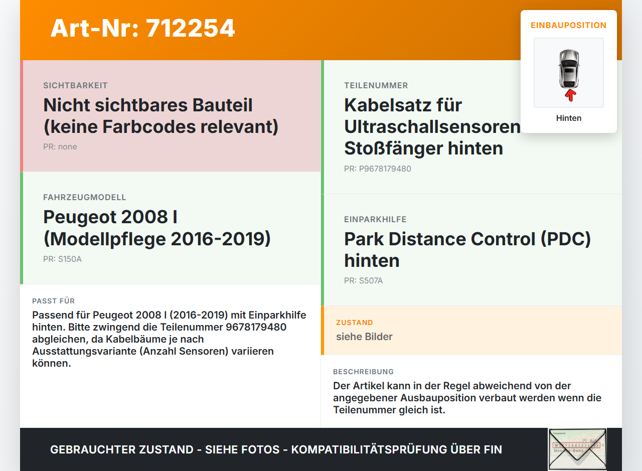 Peugeot 2008 I 16-19 PDC Kabelbaum Pos.1 Hinten Peugeot 2008 I 16-19 23.01.2017 9678179480 gebraucht Vorschau 3